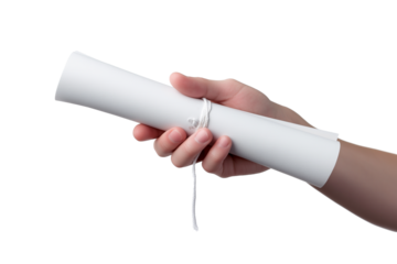 hand holding rolled-up paper with string tied around it isolated on white background