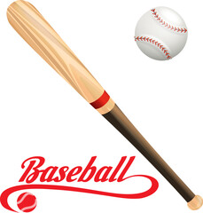 Realistic wooden baseball bat and ball