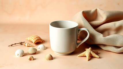 Seashells and a white mug on a peach background
