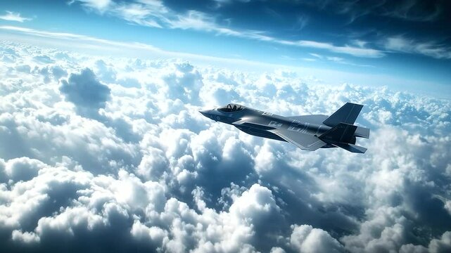An F- Lightning stealth jet climbing steeply into the atmosphere, its grey paint job blending into the surrounding cloud cover for a tactical advantage.