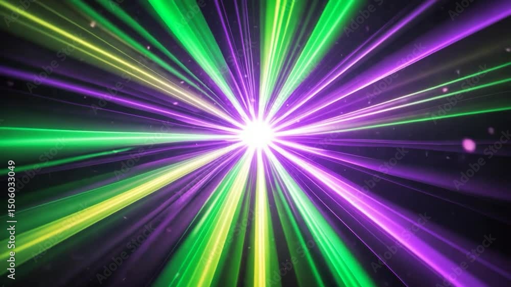 Poster the big bang theory: abstract background featuring green and purple light rays, with god rays or lig