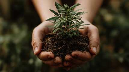 Hands Gently Holding a Small Growing Plant in Soil