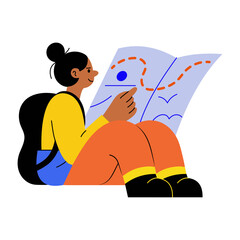 A flat style illustration showing a person looking at travel map