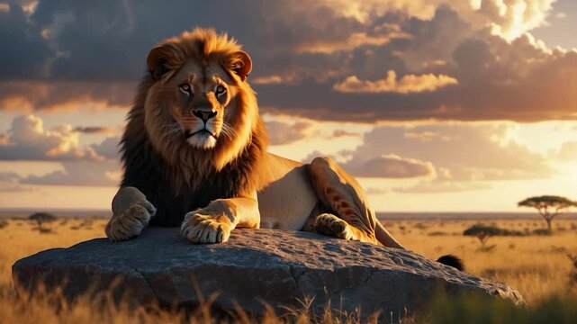 The massive lion reclined on the rock in the nature reserve.