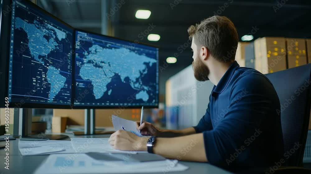 Poster a focused logistics manager sitting at his desk, analyzing a complex shipment map on dual monitors w