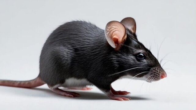Adorable close-up of a fluffy black and gray mouse with large ears and bright eyes, standing on a smooth light background showcasing its curious expression.
