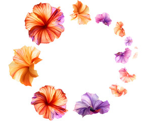 Colorful floral wreath with tropical flowers in a circular pattern for decoration.