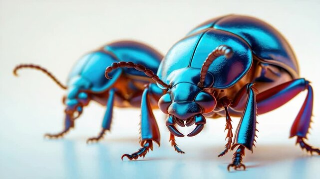 Metallic blue beetles with glossy surfaces showcasing intricate detailing on their wings and antennae, positioned closely together against a soft gradient background, emphasizing their vibrant colors.