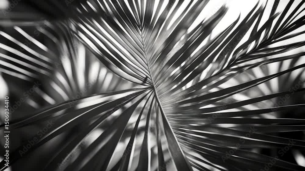 Poster intricate black and white palm leaf patterns showcasing delicate texture and overlapping fronds with