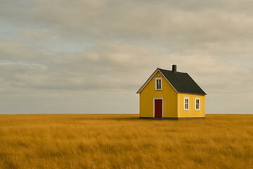 Obraz premium Lonely Yellow House with Red Door in Vast Golden Field Under Cloudy Sky 