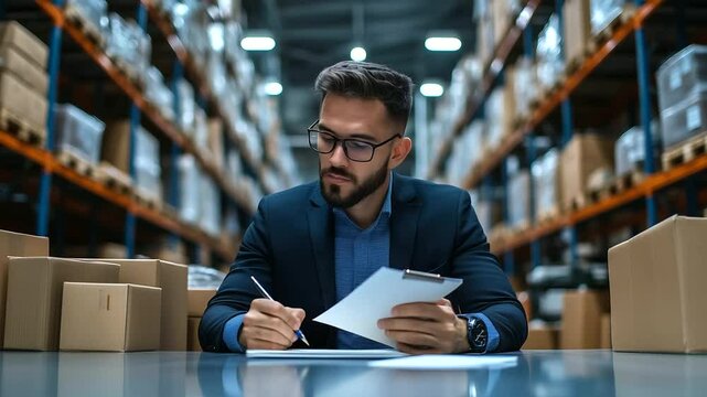 A logistics manager with focused attention reviews distribution schedules on his dual screens, making notes on a pad of paper, surrounded by boxes and a digital clock ticking down