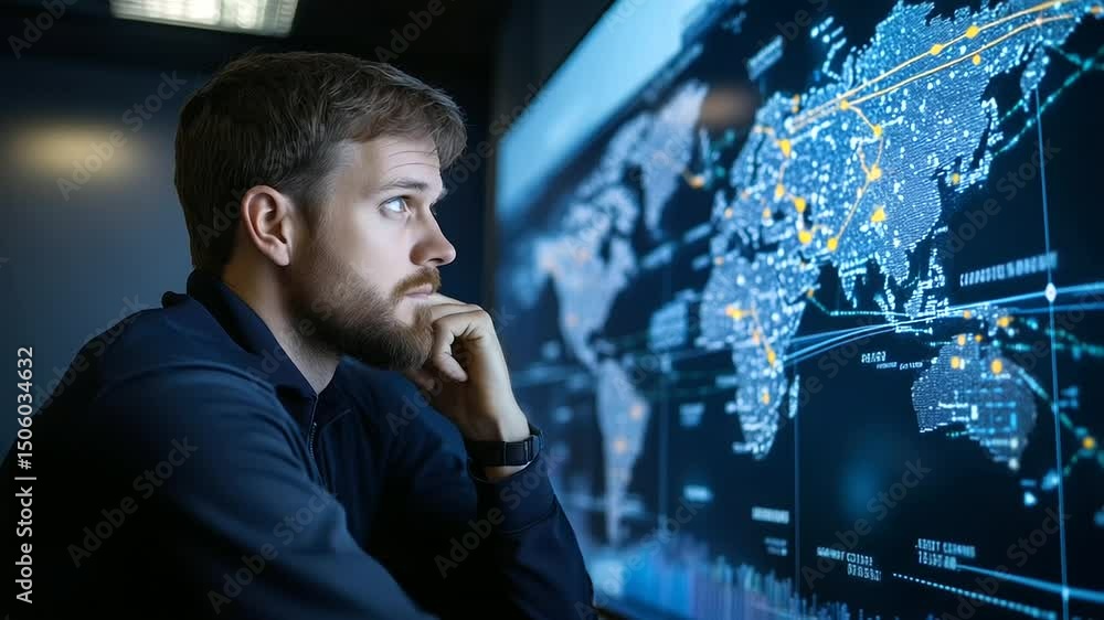 Poster a logistics manager sits in front of a wall of monitors, examining real-time supply chain data, with