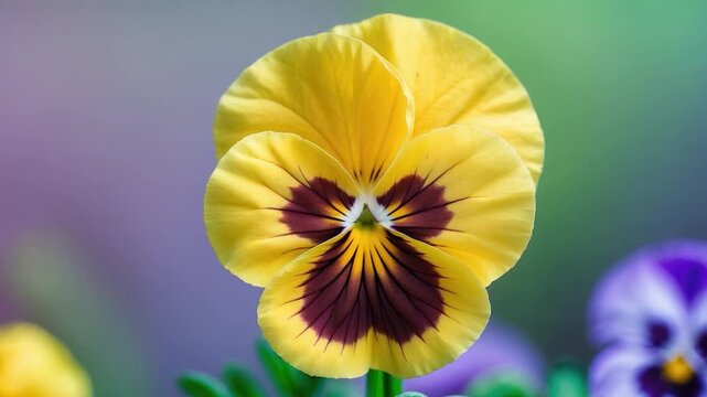 Close-up view of a vibrant yellow pansy flower showcasing deep maroon markings, surrounded by soft green foliage, with a blurred colorful background, capturing the delicate beauty of nature.