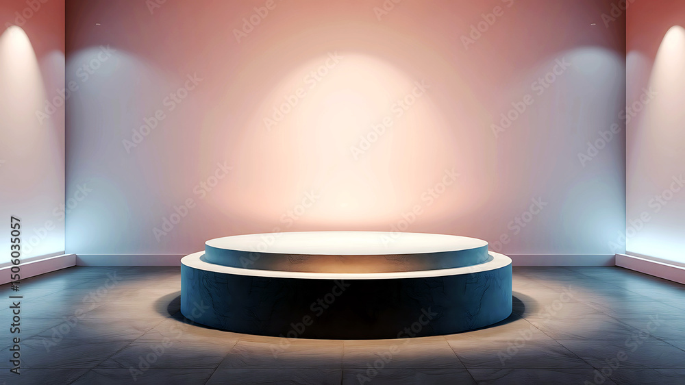 Poster two tiered circular display platform in a modern minimalist room setting