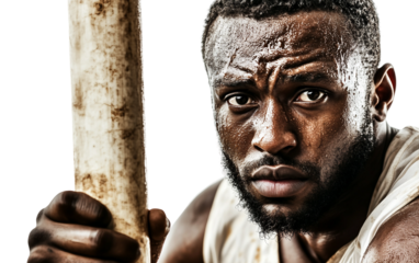 Football player gripping goalpost during break showing exhaustion and determination Isolated on Transparent Background PNG
