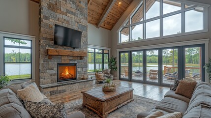 Rustic home interior with fireplace, couch, and large windows overlooking a scenic lake