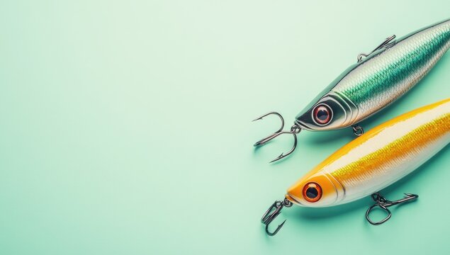 Two fishing lures, green and orange, on mint background