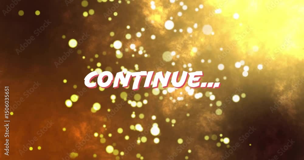 Poster 3d continue text sweeping in and centering over nebula as orbs drifting and fading for continuation