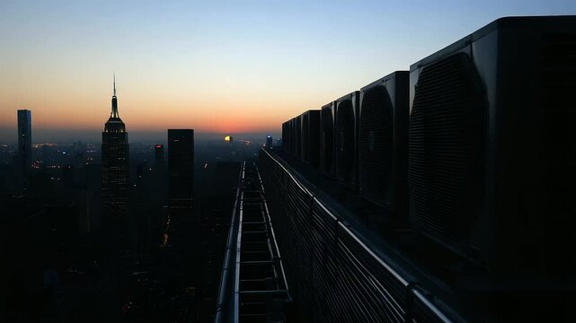 Rows of heavy rooftop AC units connected by thick insulated pipes and ladders, overlooking a city skyline disappearing into early evening haze.