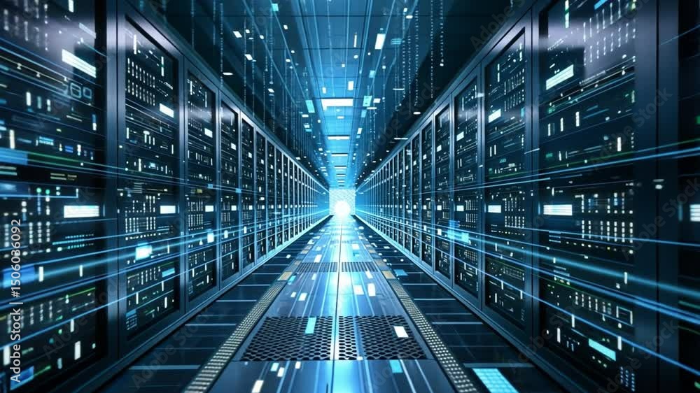 Aufkleber futuristic data center illuminated servers and blue lights enhance technology, connectivity, and dig