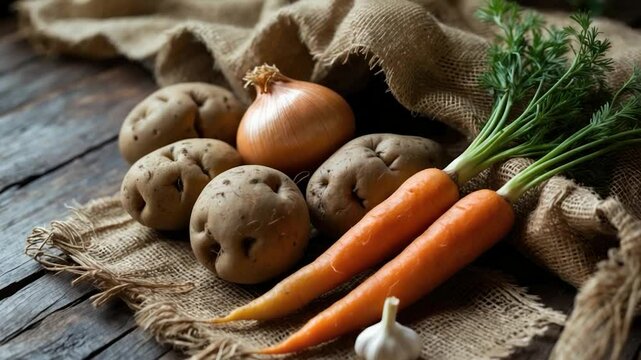 Fresh vegetables arranged on burlap: unpeeled potatoes, a golden onion, vibrant orange carrots, and a white garlic bulb, showcasing natural farm-fresh produce on a wooden table.