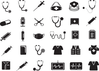 Healthcare medical silhouette style icon set collection