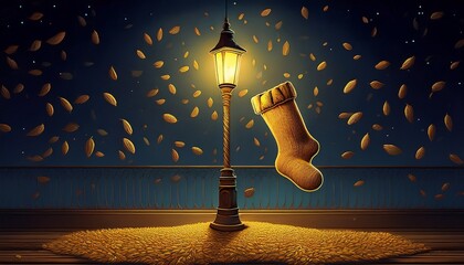 sock floating streetlight surreal night scene with scattered seeds