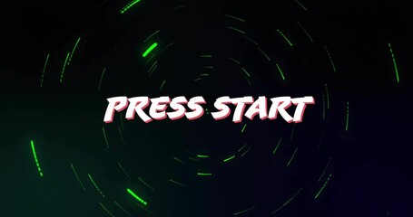 Racing PRESS START text locking central, particles swirling and cycling shades, inviting game start - Powered by Adobe