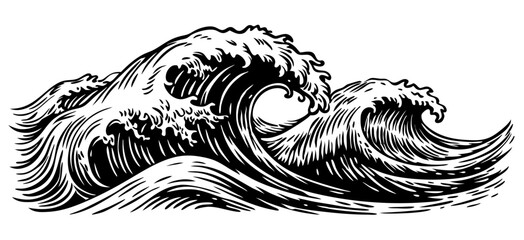Black and White Woodcut Style Ocean Waves Graphic