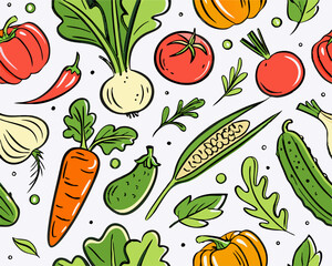 Hand-drawn Vegetable Seamless Pattern: Tomatoes, Carrots, Pumpkins