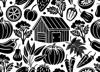 Black and White Farm Fresh Produce Seamless Pattern