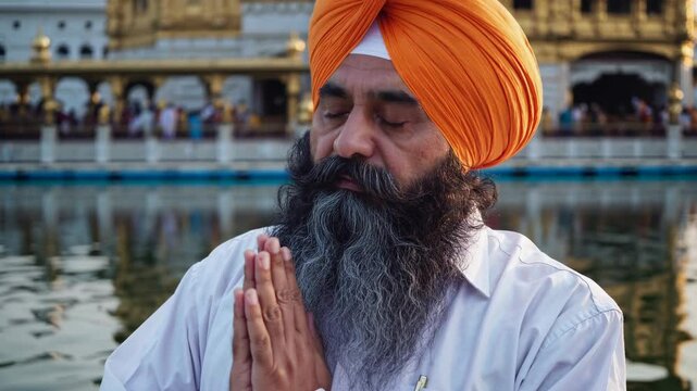 Spiritual moment at the Golden Temple with a man praying and reflecting by the water