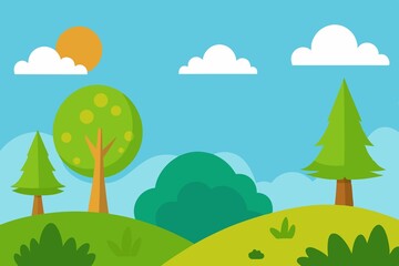 Cartoonish illustration of a sunny outdoor landscape with trees clouds and hills