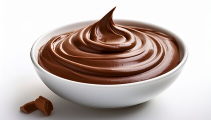 smooth chocolate spread swirled elegantly white bowl isolated white background delicious creamy chocolate texture perfect dessert topping sweet indulgence versatile chocolate visual for food blogs