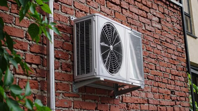 Installation of outdoor air conditioning unit on a brick wall during sunny day at a residential location