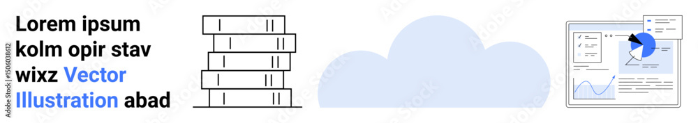 Poster organized stack of files beside a cloud and analytics dashboard showing charts and graphs. ideal for