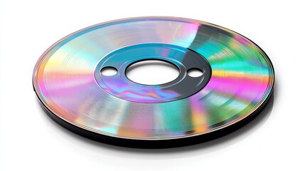 Fototapeta premium Close up view of a modern reflective iridescent disc showing vibrant rainbow light reflections isolated on a white studio background surface.