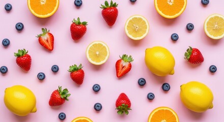 Assortment of fresh fruit including strawberries, blueberries, oranges, and lemons on a light pink background, healthy food concept for diet.