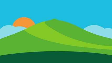 Fototapeta premium Simple landscape illustration featuring mountain sunrise with vibrant green hues and a blue sky background