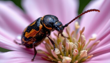 Close-Up of Longhorn Beetle Exploring Pink Flower Petals