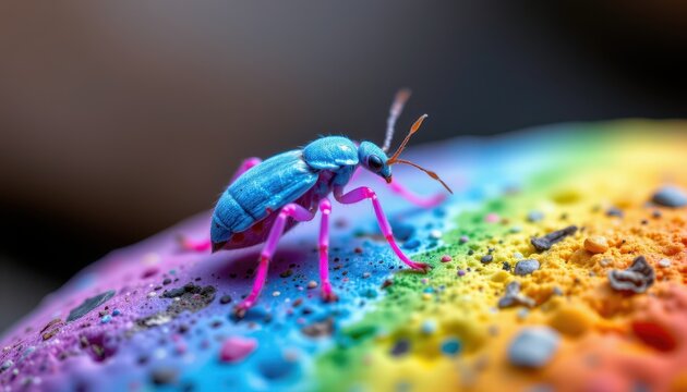 Close-Up of a Blue Velvet Mite on Colorful Rainbow Surface
