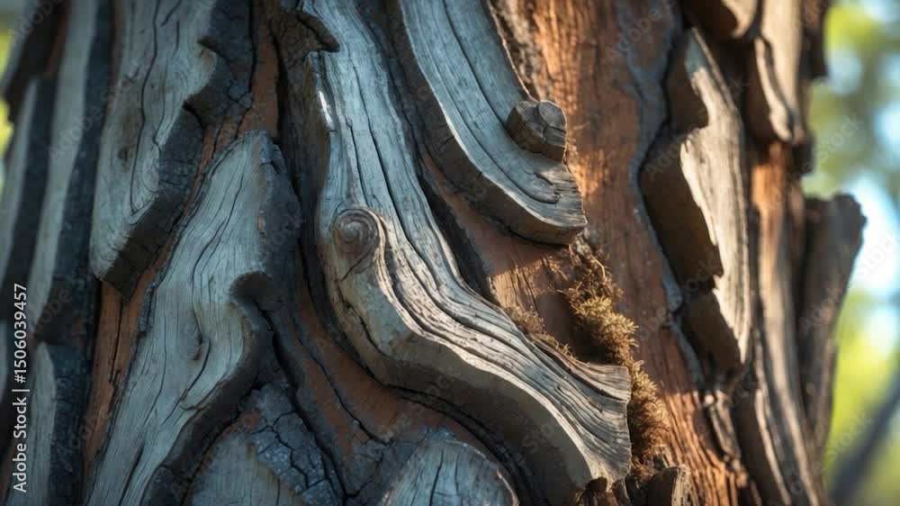 Poster detailed close-up of a textured tree trunk showcasing intricate bark patterns, deep grooves, and a p