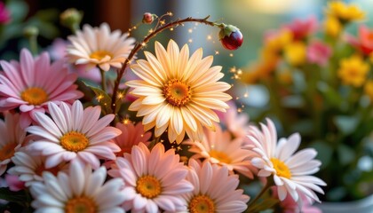 Fototapeta premium Glowing Daisy Floral Arrangement with Soft Focus Background