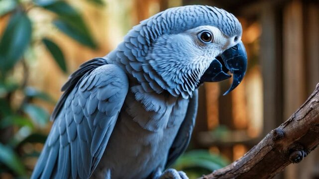 A majestic gray parrot perched on a branch, showcasing its vibrant feathers and expressive eyes, surrounded by lush greenery in a natural setting.