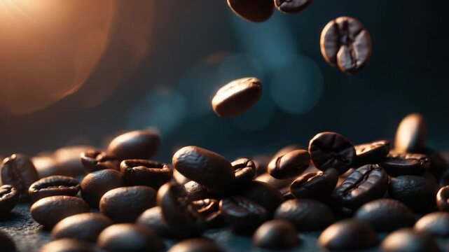 Floating coffee beans captured in motion, showcasing their glossy surface and rich brown color against a softly blurred background with warm lighting.
