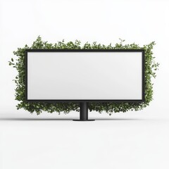 Obraz premium A blank horizontal screen monitor or billboard surrounded by vibrant green leaves on a clean white background promoting environmental messages.