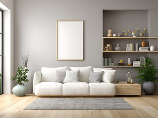 Modern living room interior with comfortable sofa, contemporary furniture, and stylish decor