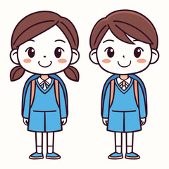 Two Cute Cartoon School Children in Blue Uniforms Ready for School with Backpacks and Smiling Faces Illustration