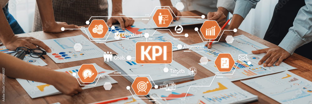Poster A team collaborates over charts and graphs while analyzing key performance indicators (KPI) at a modern office desk. Ideal for business analysis visuals. Amity