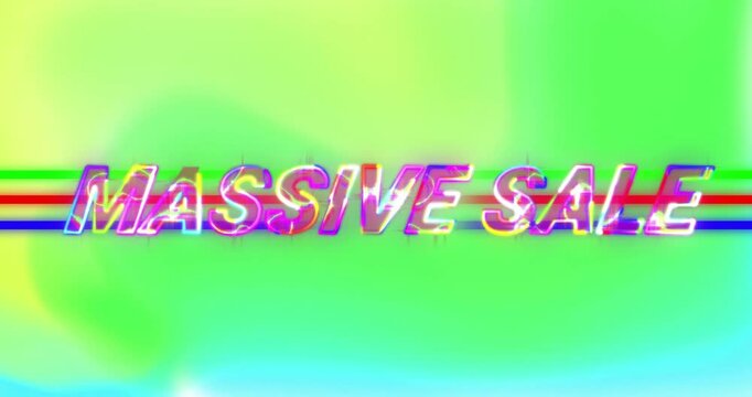 Shapes blipping then 3D text sliding and glitch pulsing on neon gradient to announce MASSIVE SALE